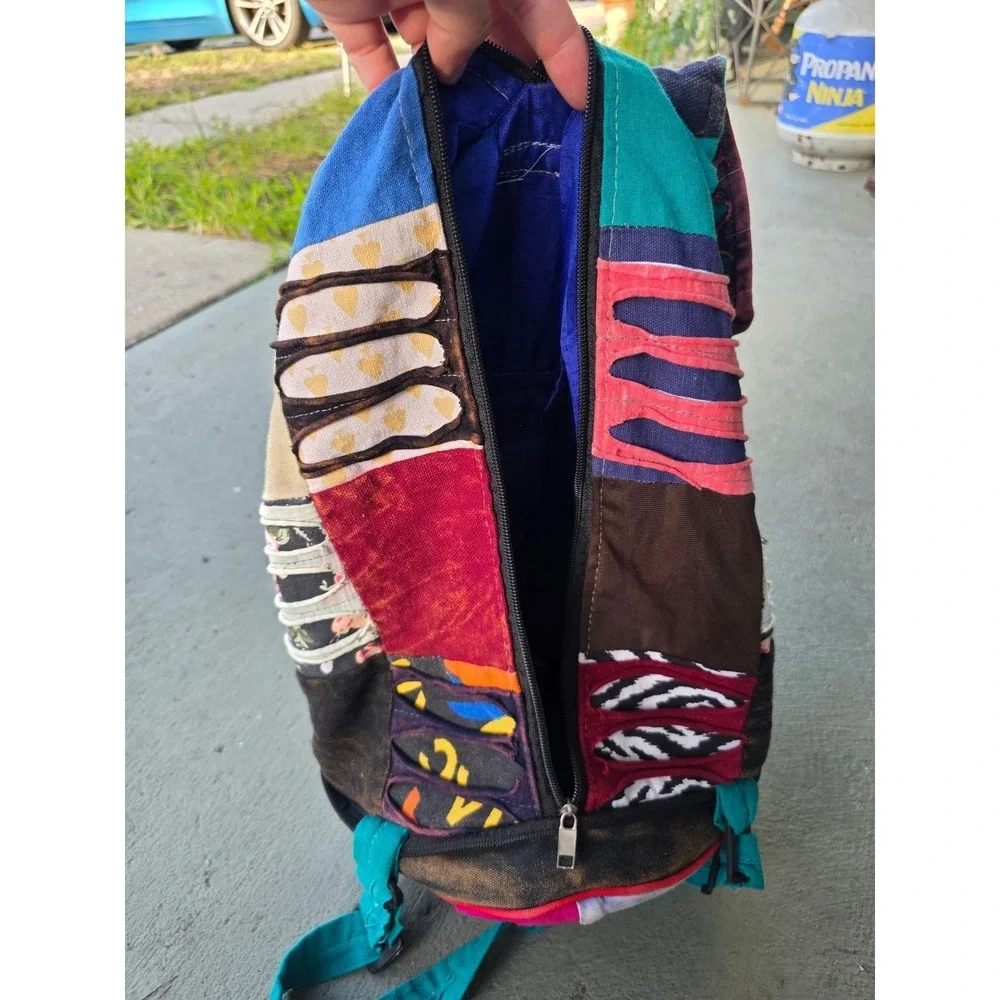 Boho‎ Patchwork Razor Cut Sling Backpack Multi Color Cotton Hippie Festival E2